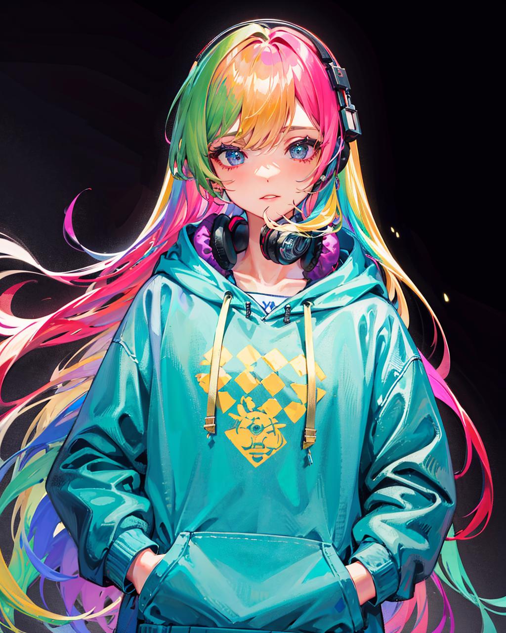 Vibrant chibi anime artwork with rainbow hair on Craiyon